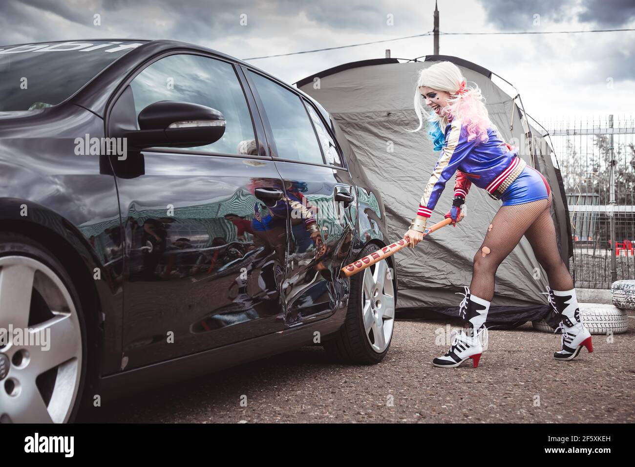 Moscow Russia July 06 2020 Harley Quinn Hits A Parked Black Car 