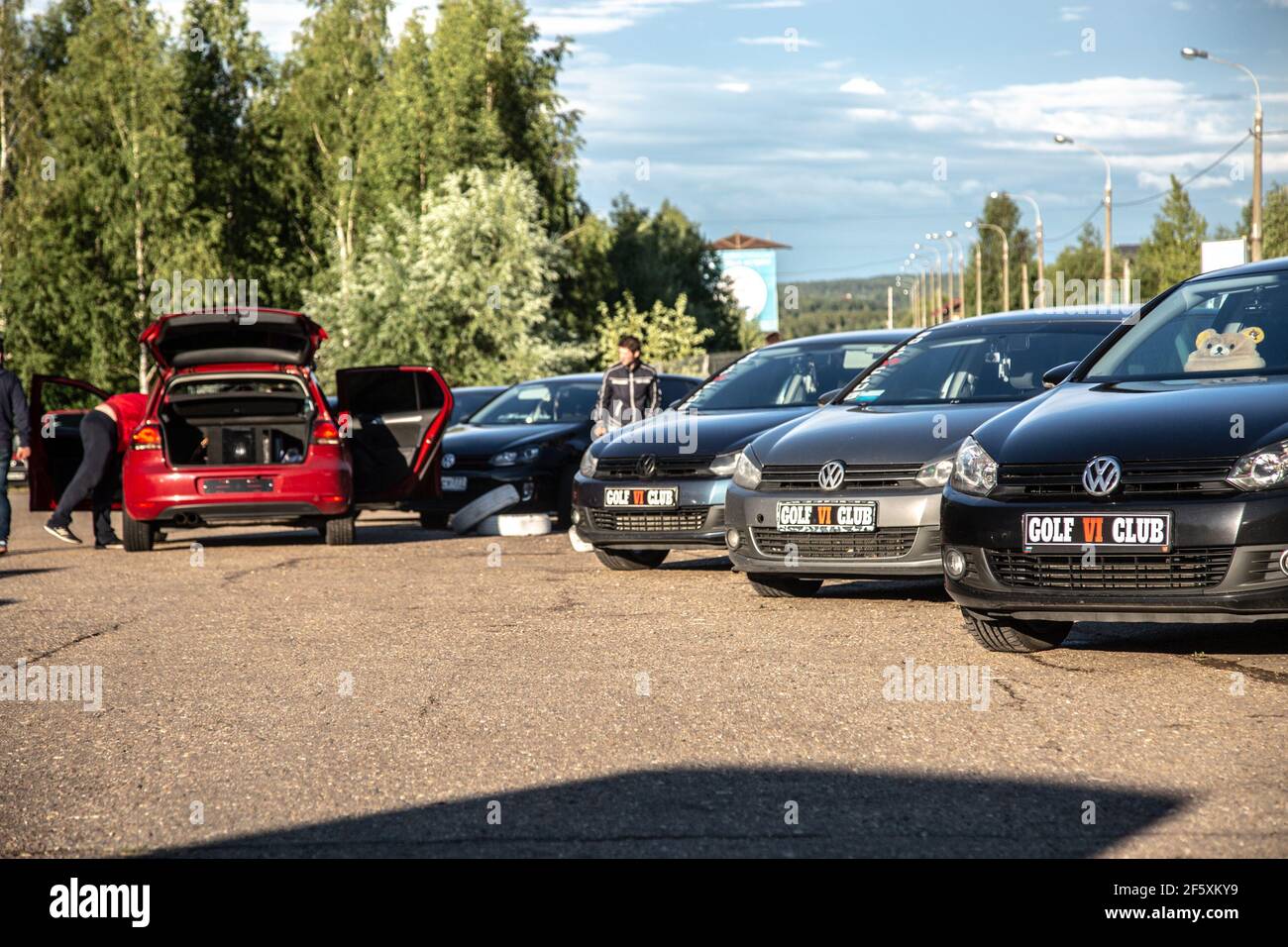 Moscow, Russia - July 6, 2019: Many multi-colored Volkswagen Golf 6 generation cars. Club meeting MK6 car lovers Stock Photo