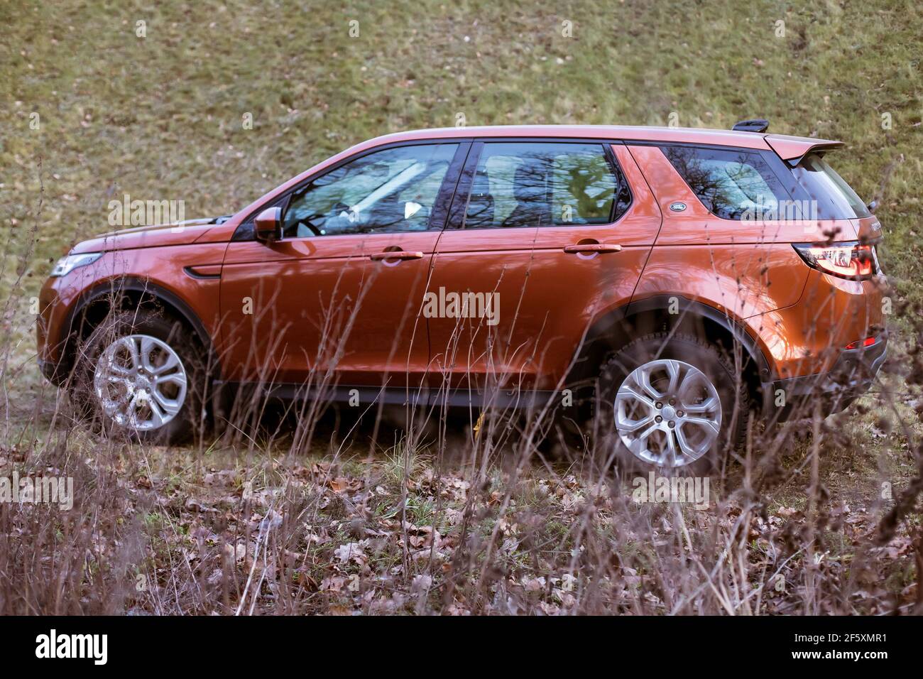 Moscow, Russia - December 20, 2019: side View of all new premium england suv. Land rover Discovery sport parked in the forest. Orange all wheel drive car standed on the ground. Stock Photo