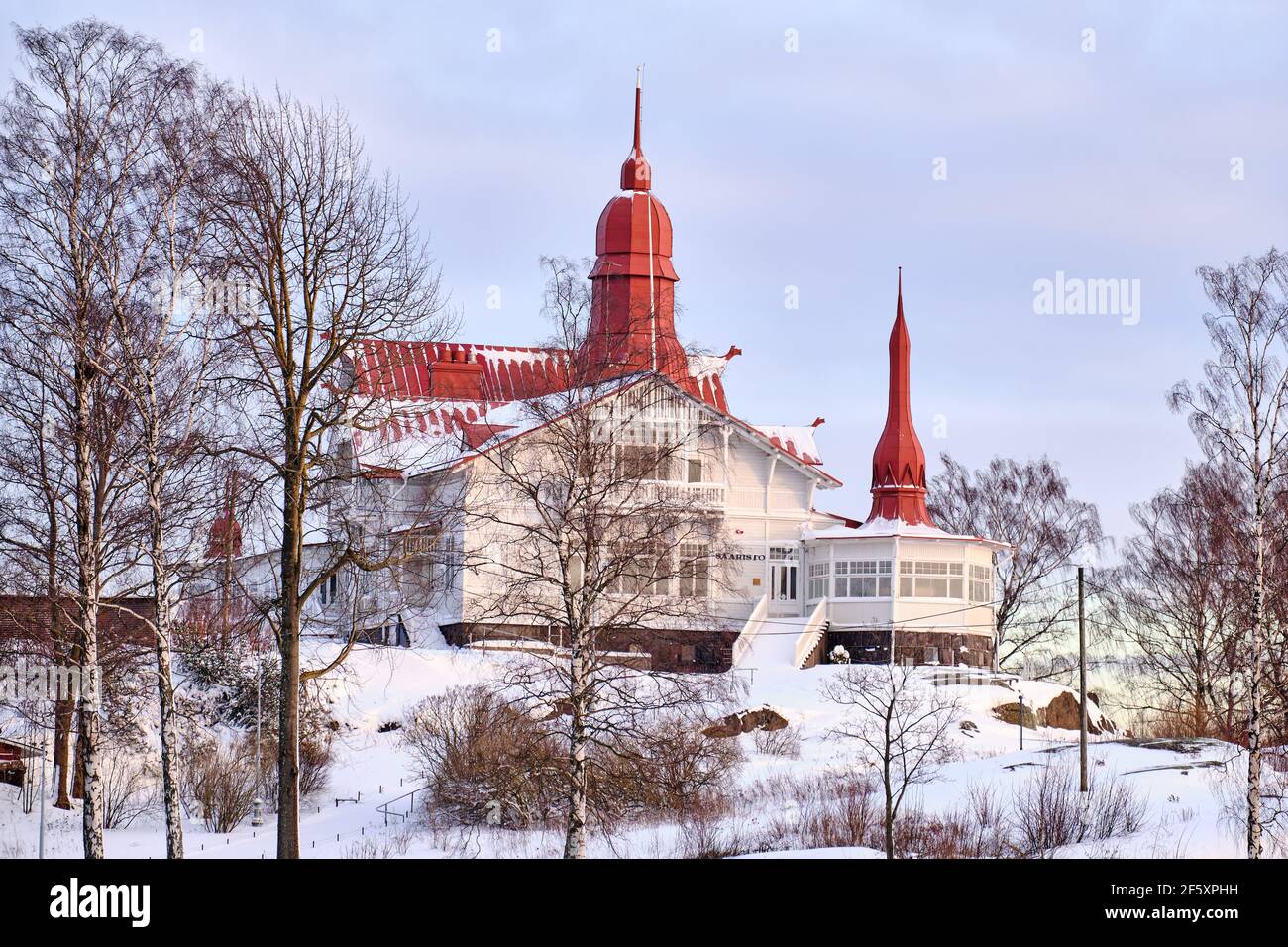 Helsinki, Finland - January 15, 2021: The old wooden building of Saaristo restaurant in the winter sunny day. Stock Photo