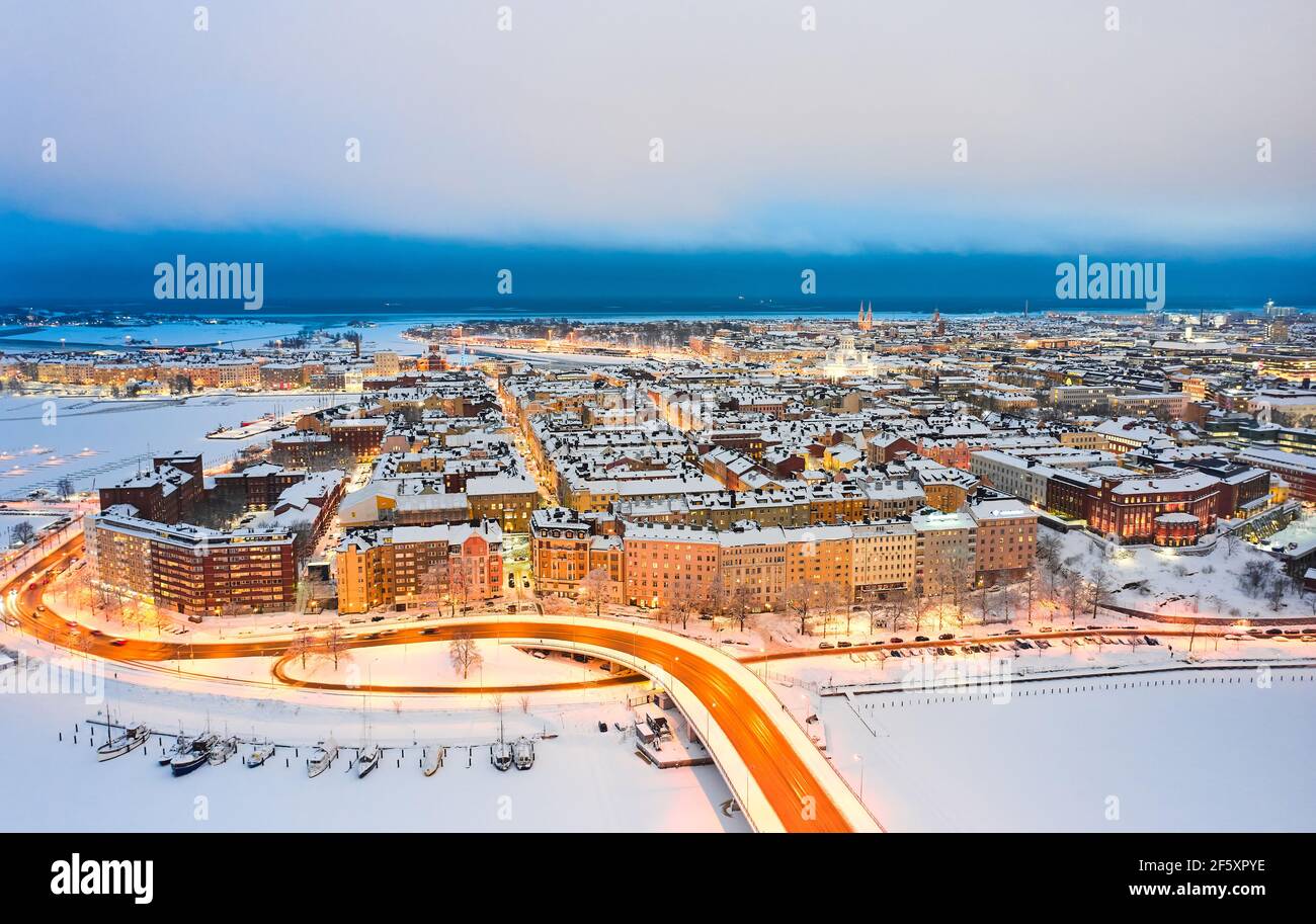 Aerial view of Kruununhaka central neighborhood of Helsinki. An amazing winter cityscape. Stock Photo
