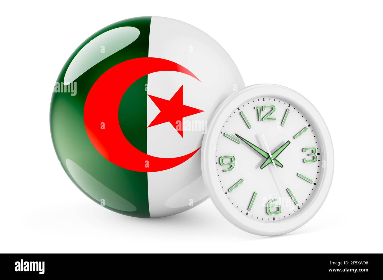 Algerian flag with clock. Time in Algeria, 3D rendering isolated on white background Stock Photo Algerian flag with clock. Time in Algeria, 3D rendering isolated on white background Stock Photo