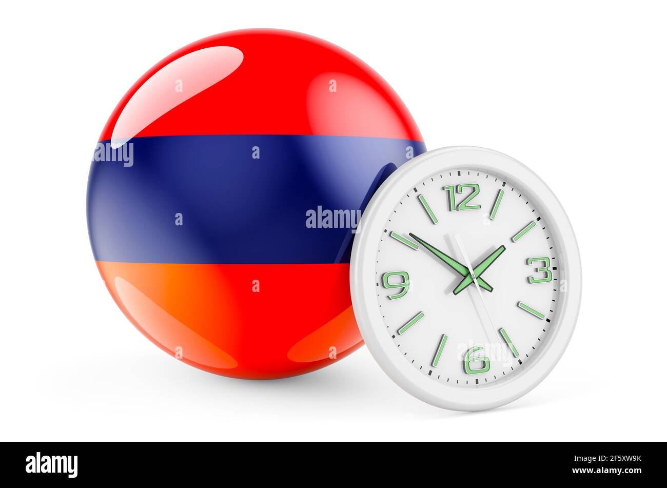 Armenian flag with clock. Time in Armenia, 3D rendering isolated on