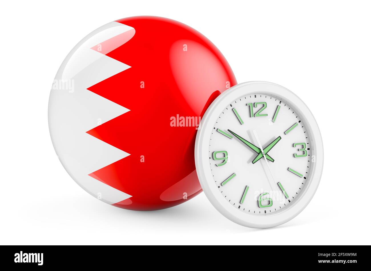 Bahraini flag with clock. Time in Bahrain, 3D rendering isolated on