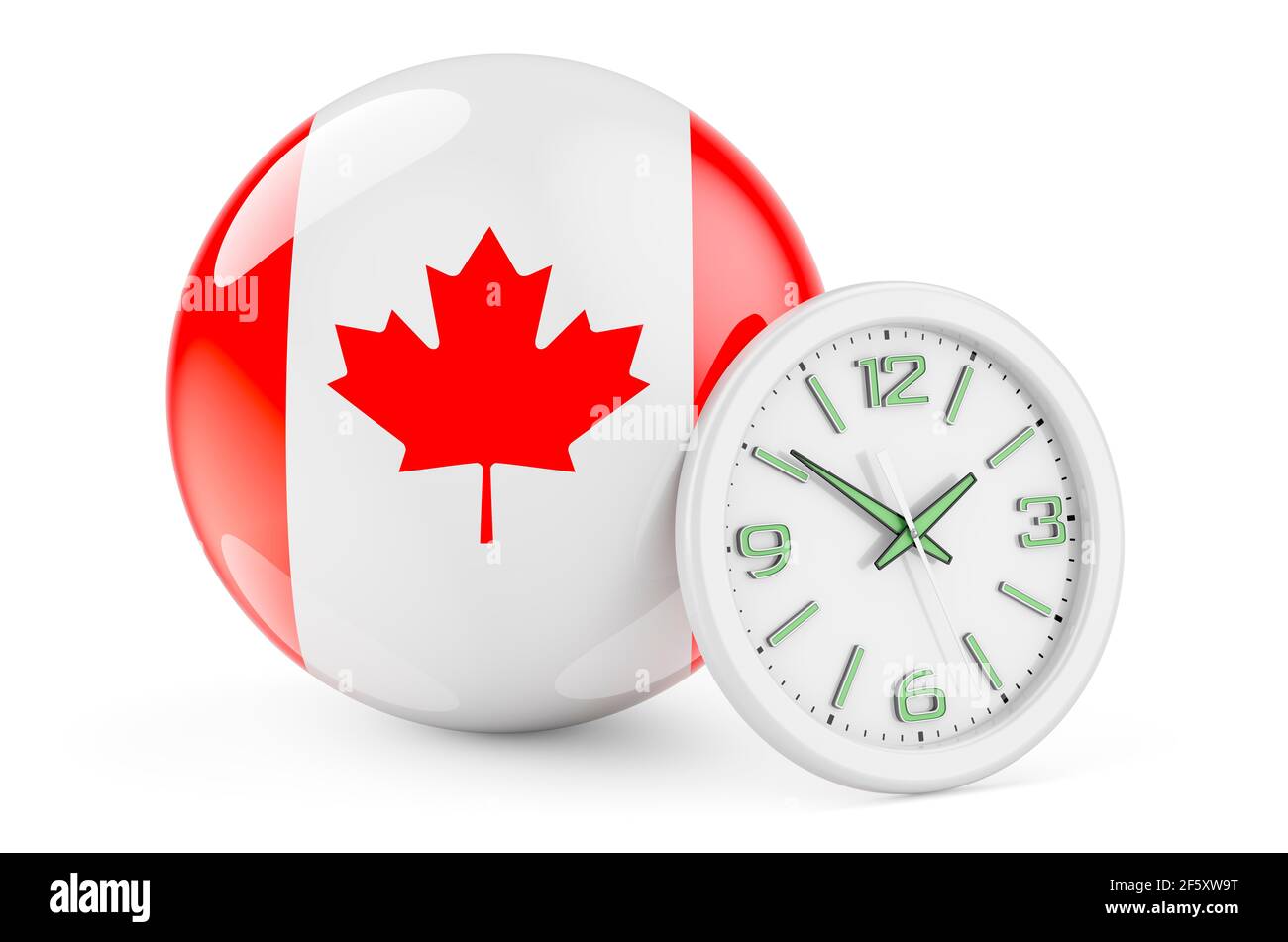Canadian flag with clock. Time in Canada, 3D rendering isolated on