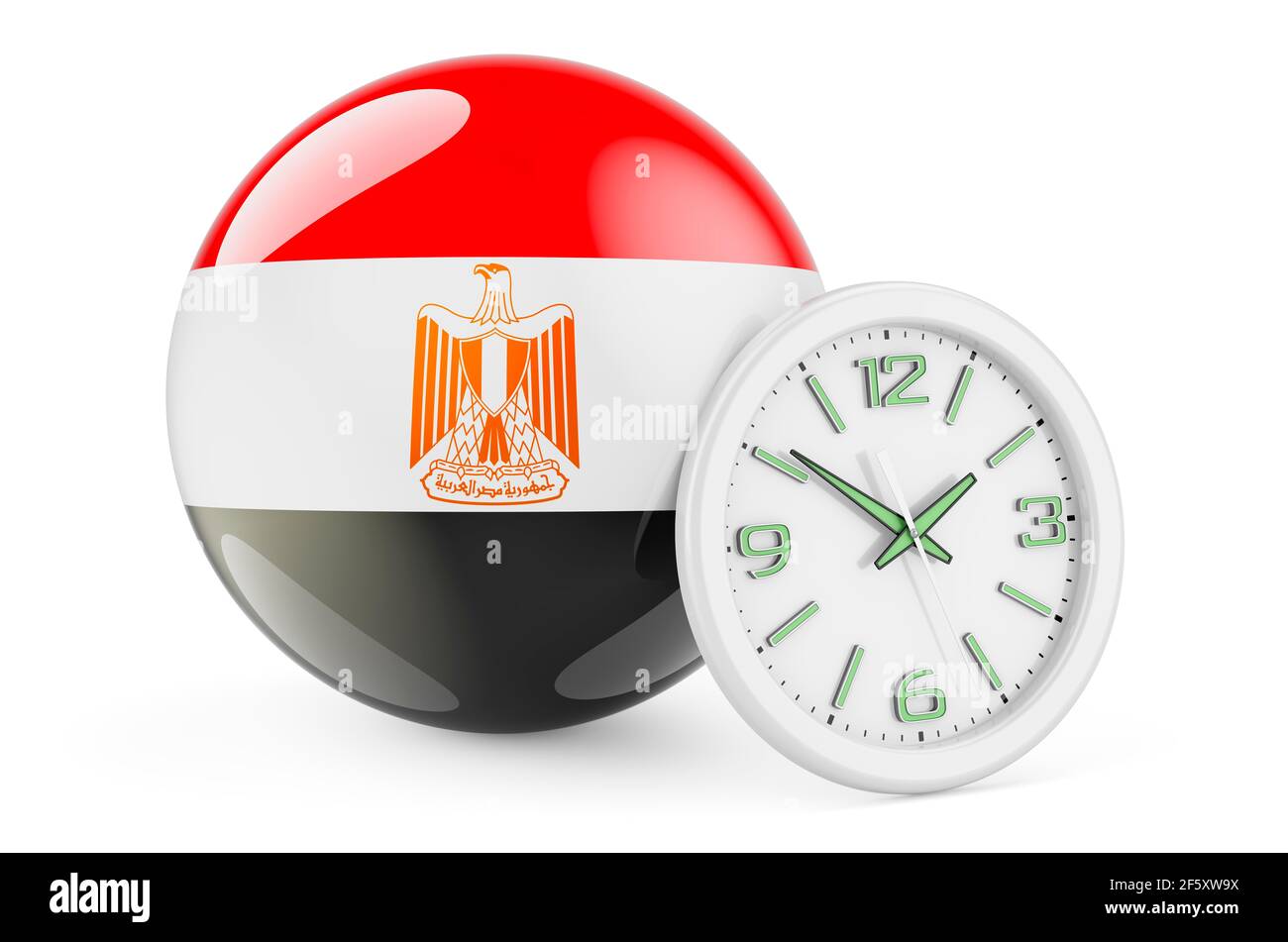 Egyptian flag with clock. Time in Egypt, 3D rendering isolated on white