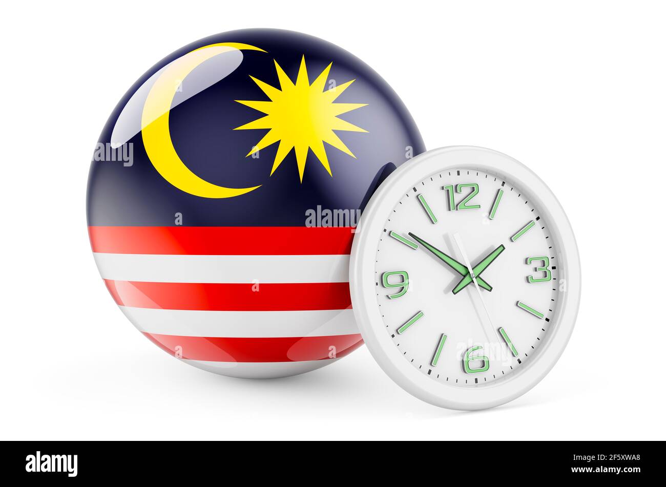 Malaysian flag with clock. Time in Malaysia, 3D rendering isolated on