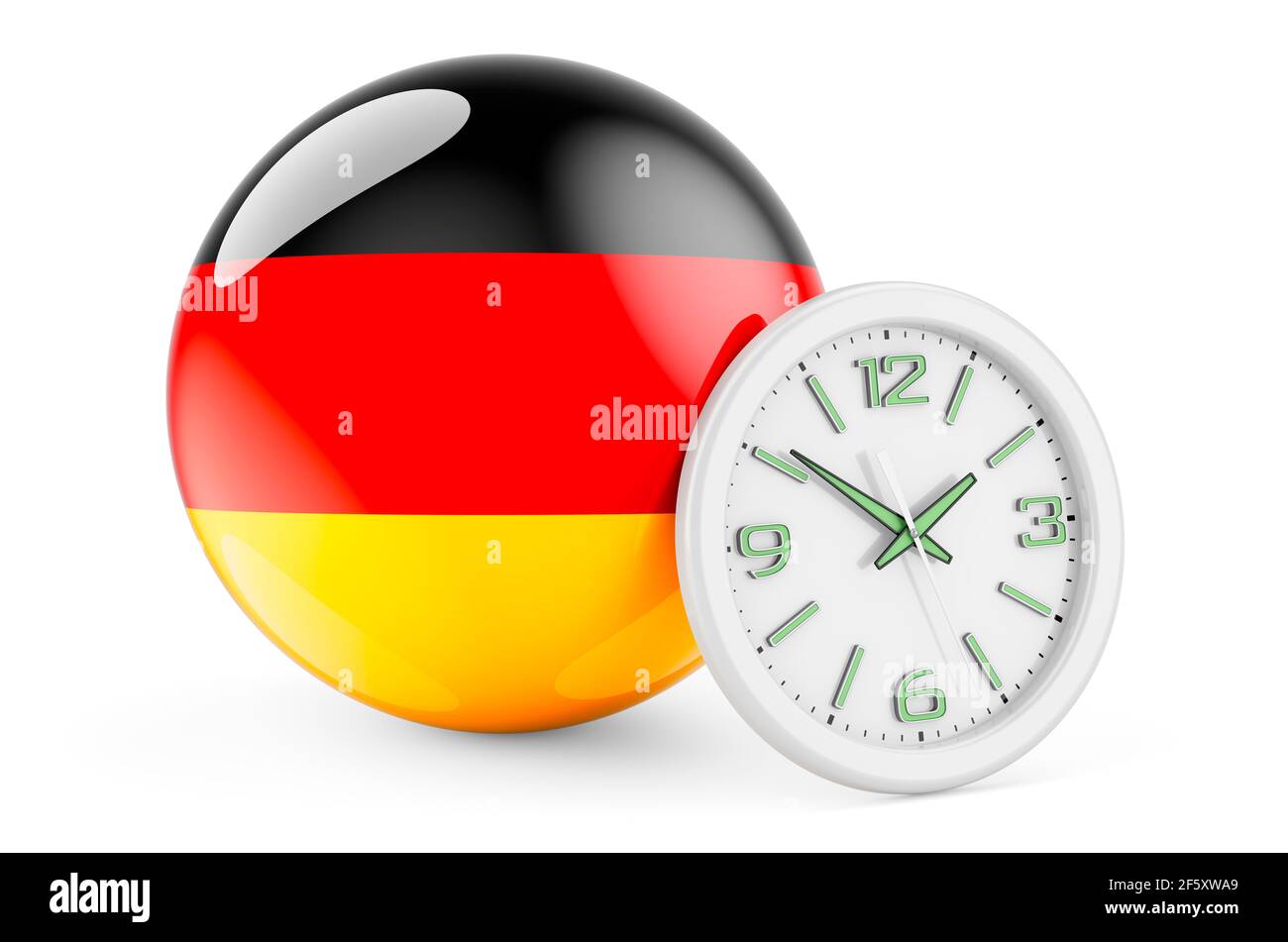 German flag with clock. Time in Germany, 3D rendering isolated on white background Stock Photo