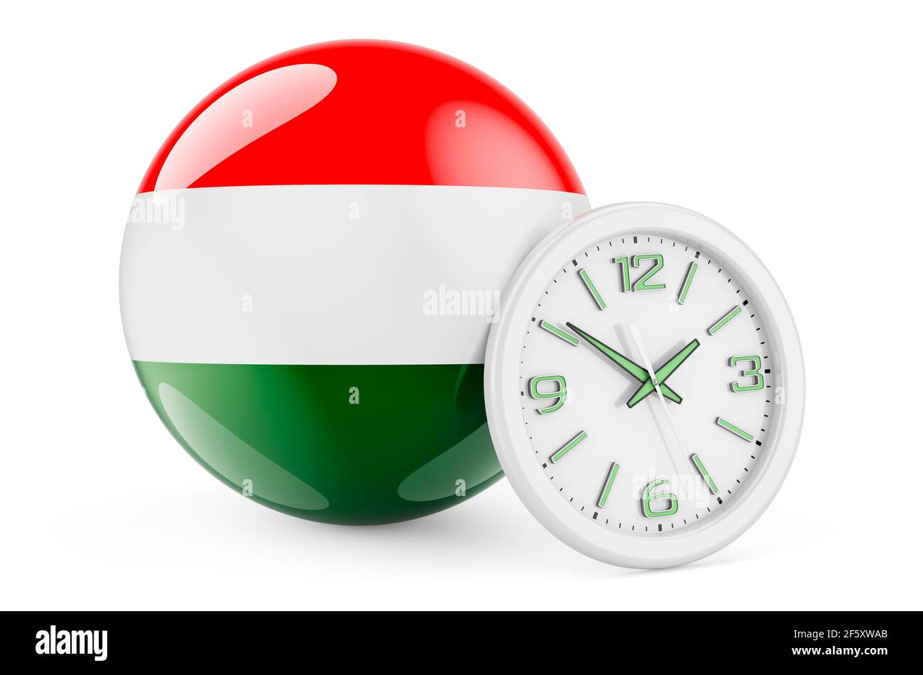 Hungarian flag with clock. Time in Hungary, 3D rendering isolated on