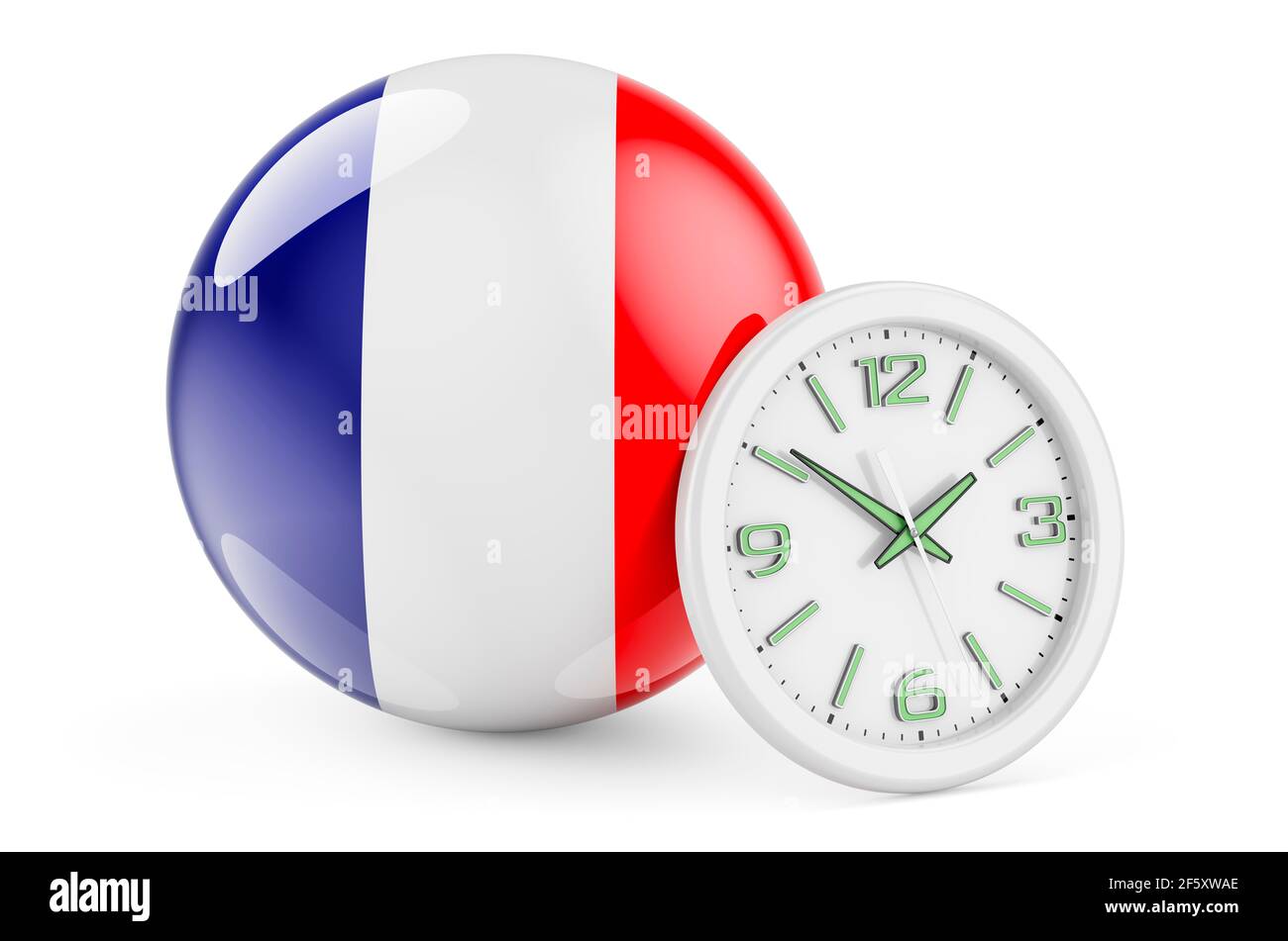 French flag with clock. Time in France, 3D rendering isolated on white