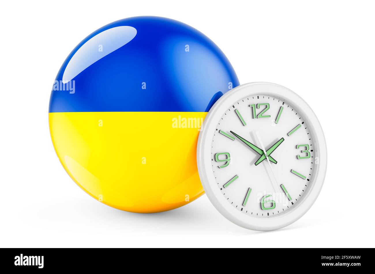 Ukrainian flag with clock. Time in Ukraine, 3D rendering isolated on