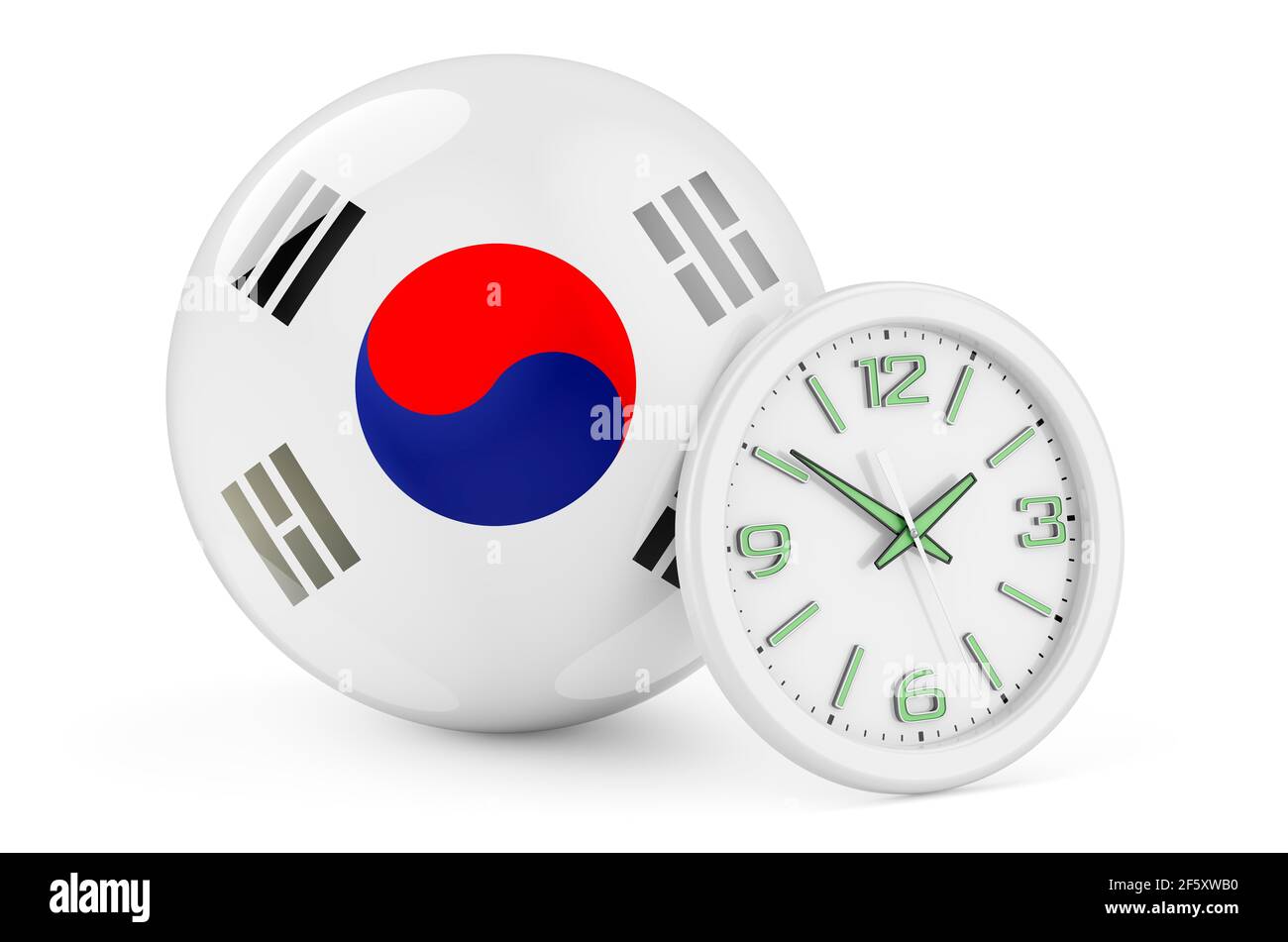 South Korean flag with clock. Time in South Korea, 3D rendering