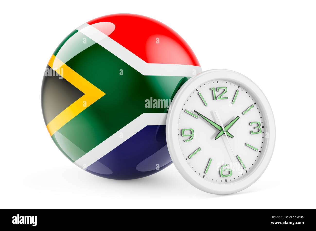 South African flag with clock. Time in South Africa, 3D rendering isolated on white background