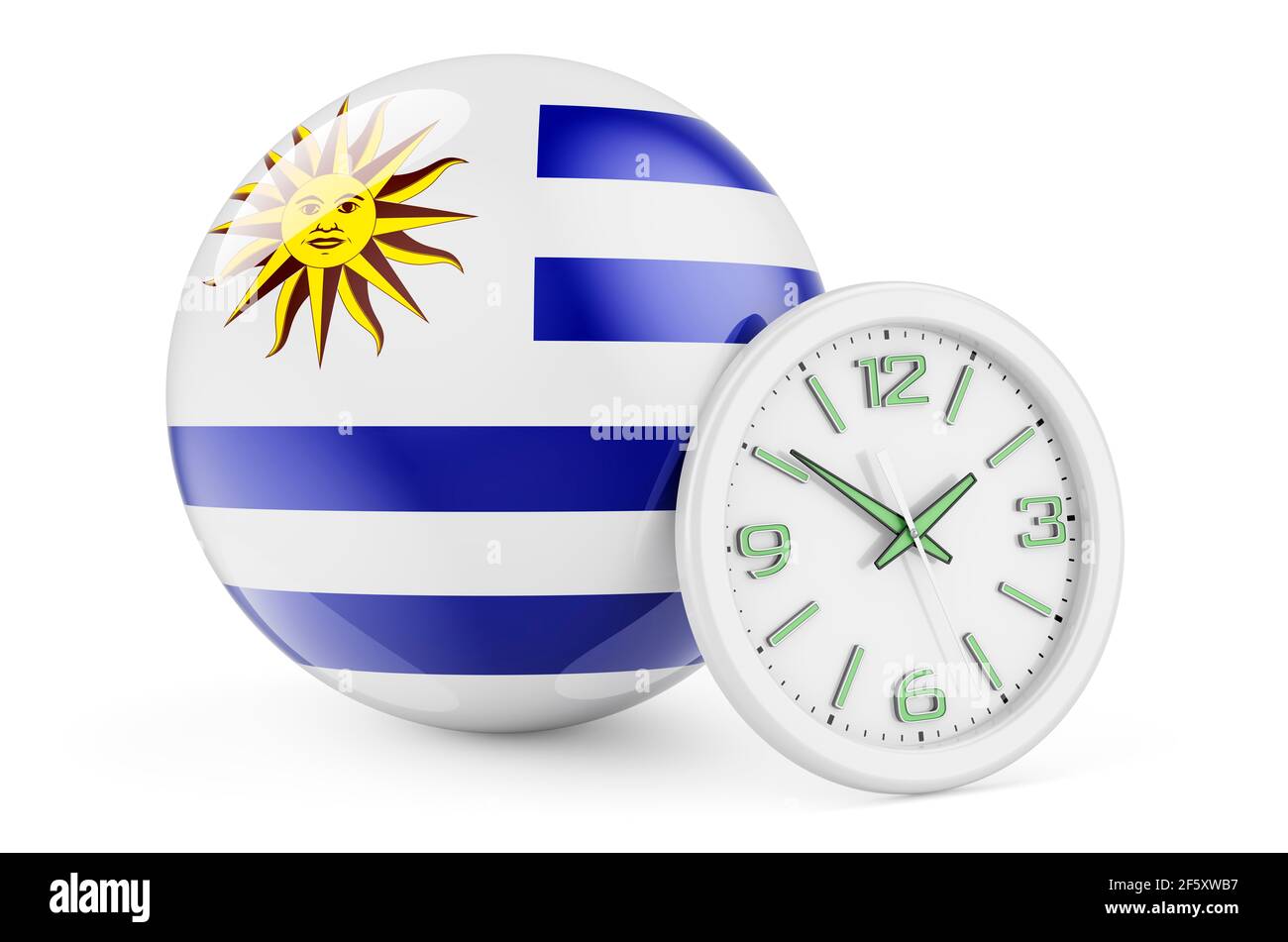 Uruguayan flag with clock. Time in Uruguay, 3D rendering isolated on