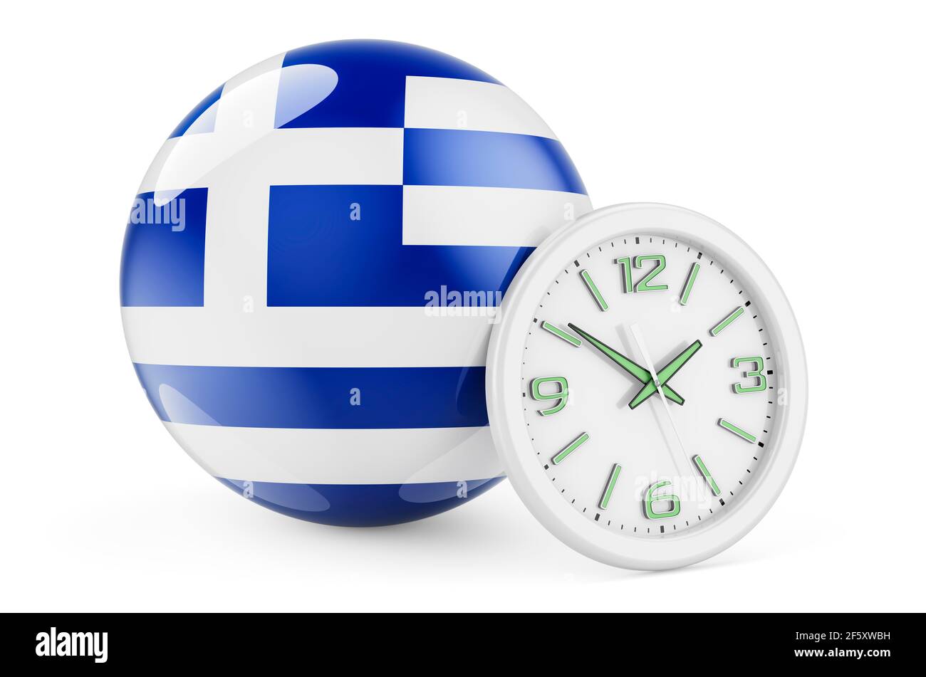 Greek flag with clock. Time in Greece, 3D rendering isolated on white