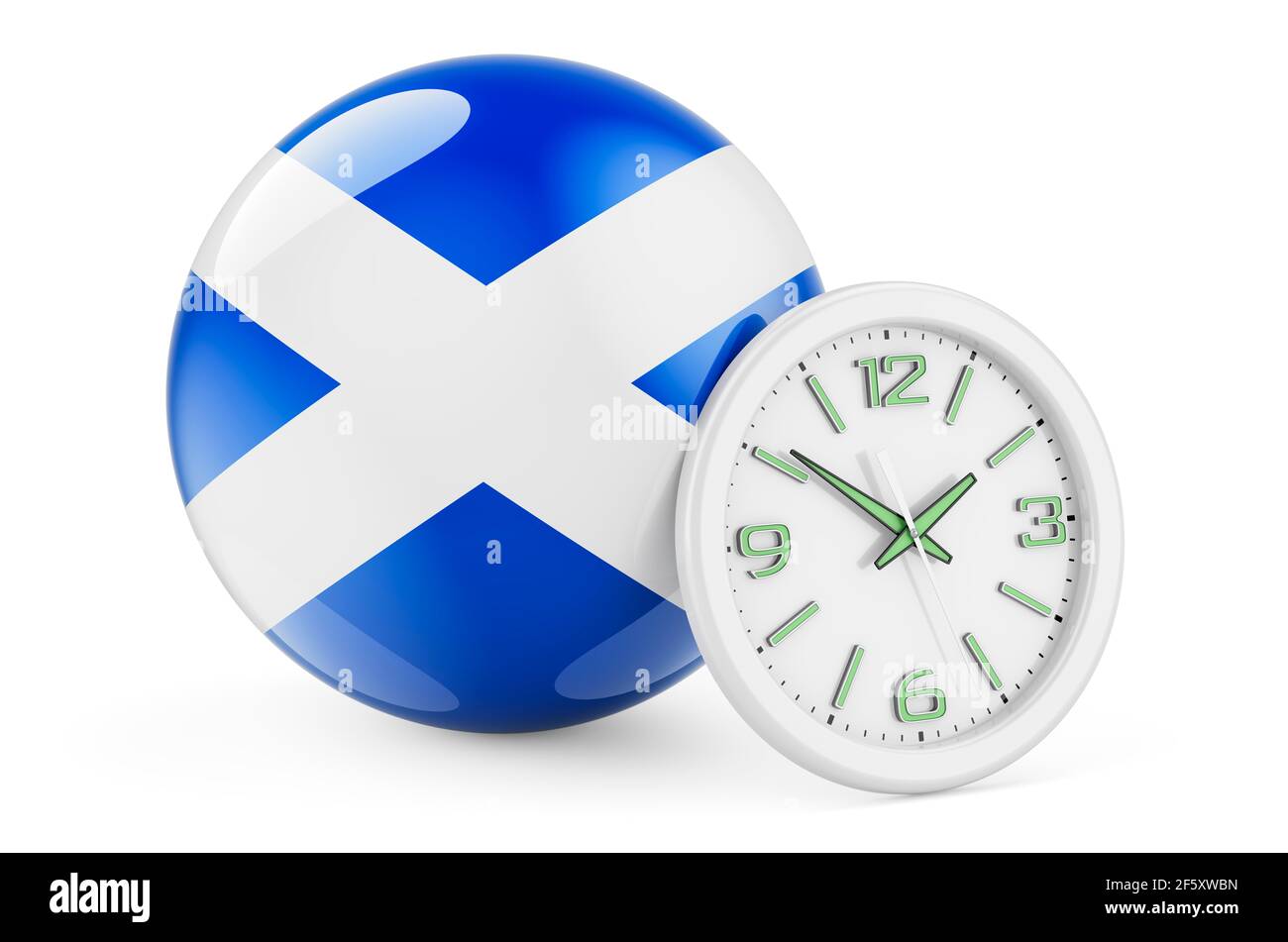 Scottish flag with clock. Time in Scotland, 3D rendering isolated on white background Stock Photo