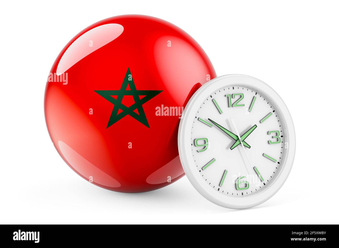 Moroccan flag with clock. Time in Morocco, 3D rendering isolated on