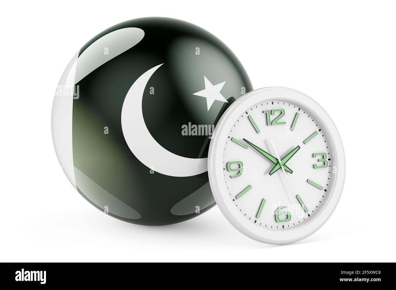 Pakistani flag with clock. Time in Pakistan, 3D rendering isolated on
