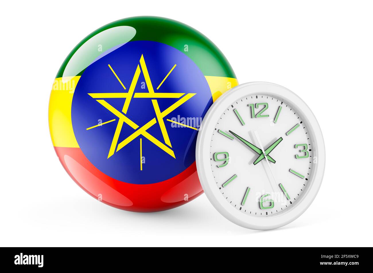 Ethiopian flag with clock. Time in Ethiopia, 3D rendering isolated on