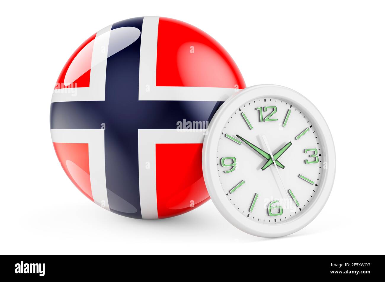 Norwegian flag with clock. Time in Norway, 3D rendering isolated on white background Stock Photo