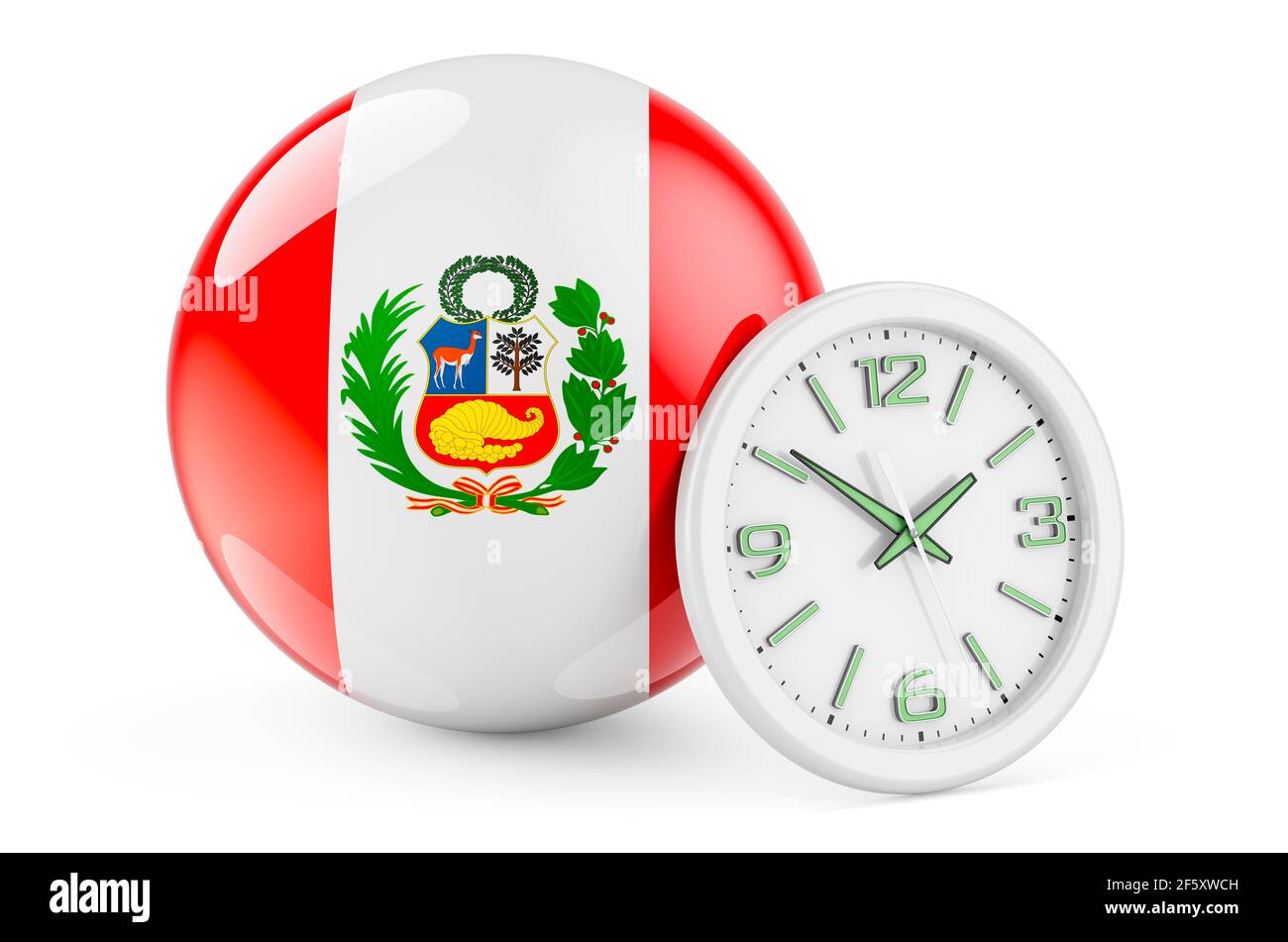 Peruvian flag with clock. Time in Peru, 3D rendering isolated on white