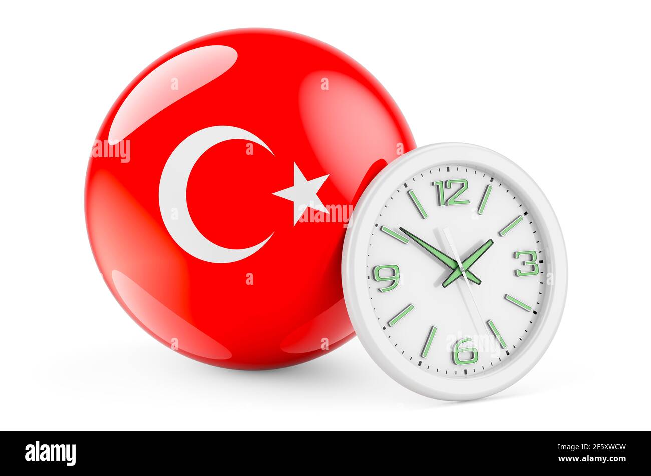 Turkish flag with clock. Time in Turkey, 3D rendering isolated on white
