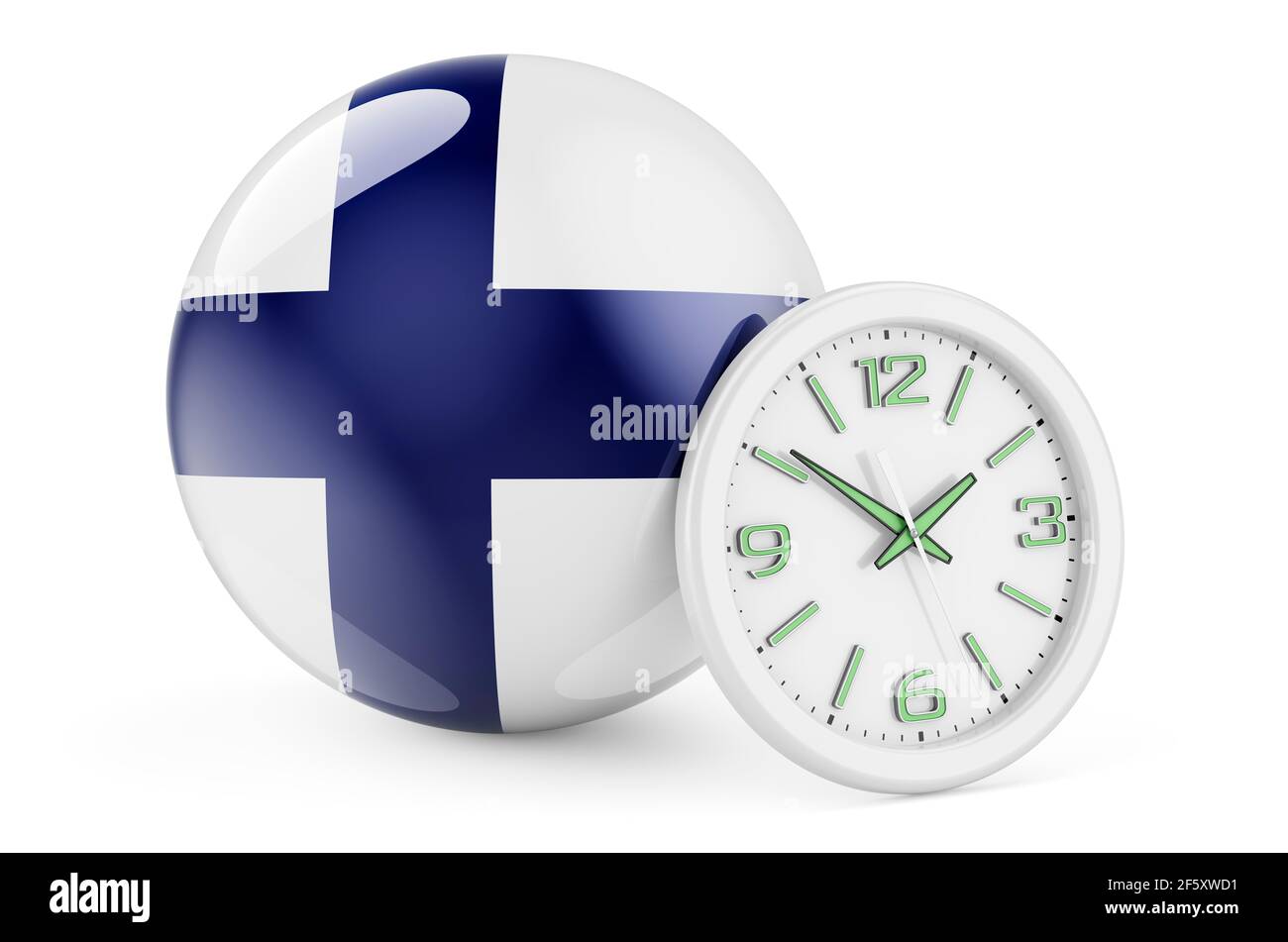 Finnish flag with clock. Time in Finland, 3D rendering isolated on