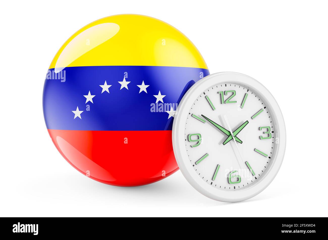Venezuelan flag with clock. Time in Venezuela, 3D rendering isolated on