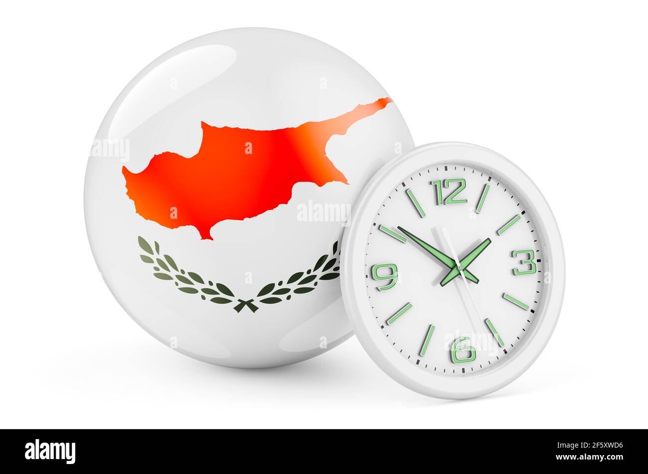 Cypriot flag with clock. Time in Cyprus, 3D rendering isolated on white