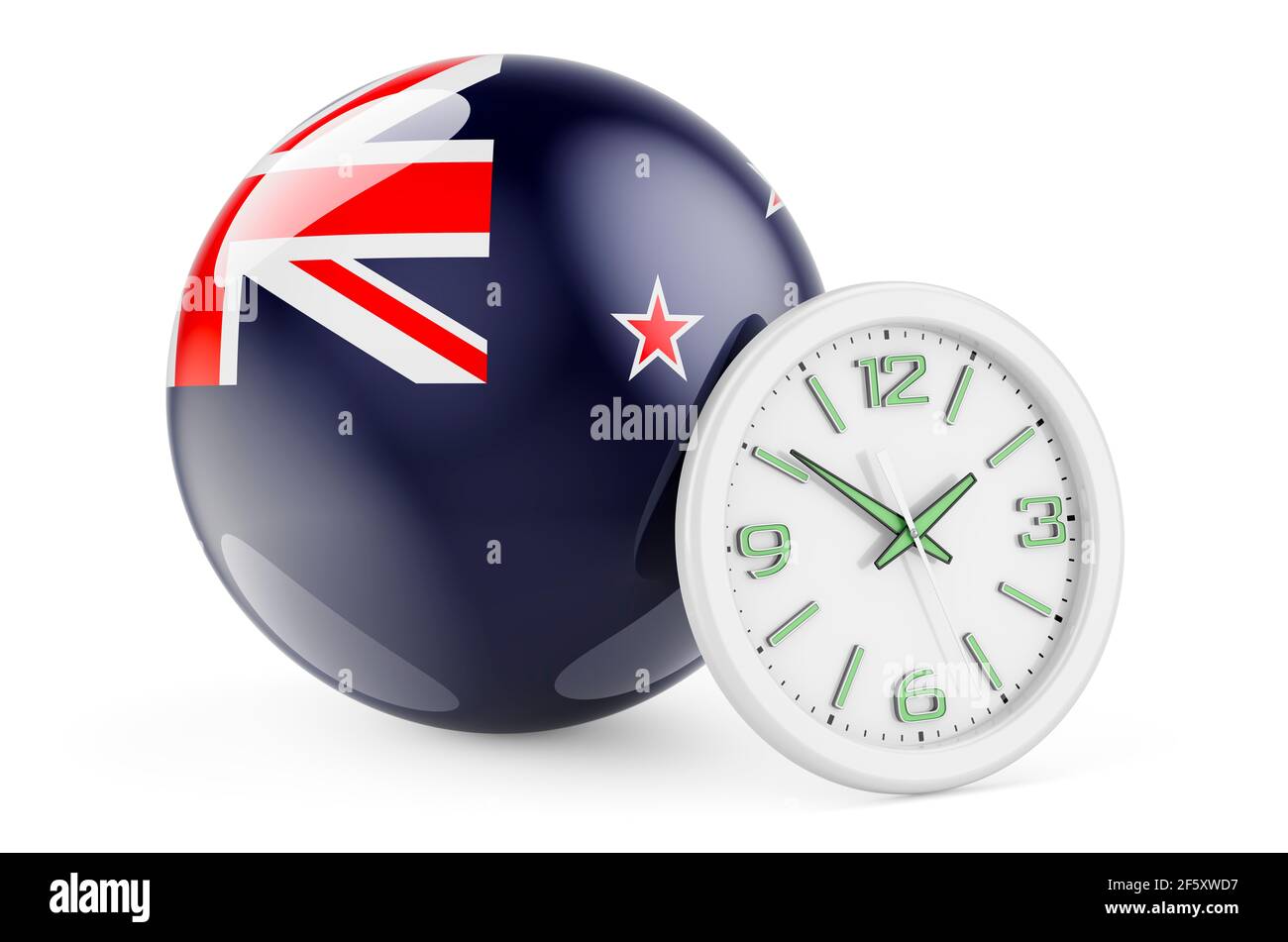 New Zealand flag with clock. Time in New Zealand, 3D rendering isolated