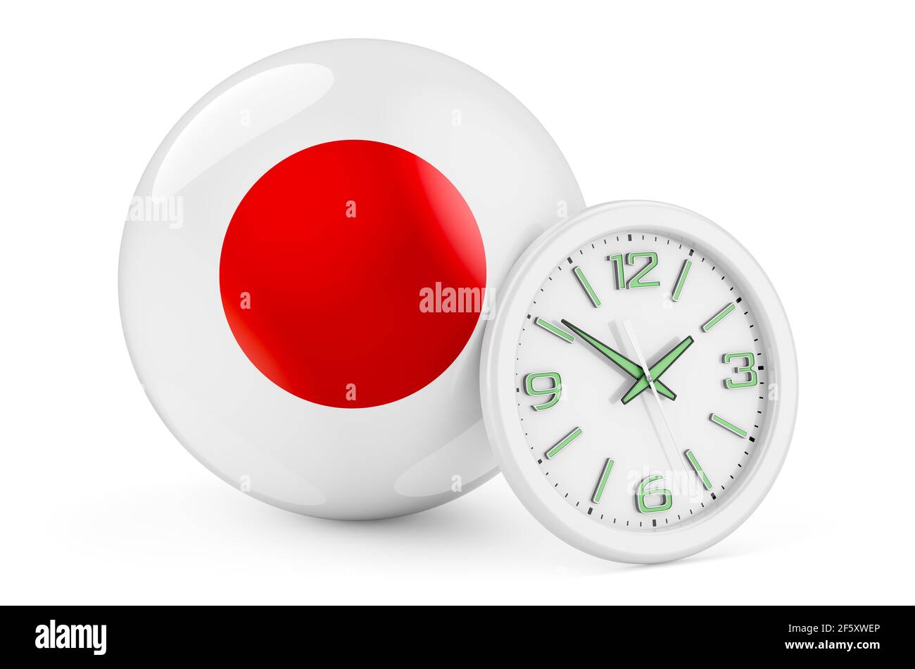 Japanese flag with clock. Time in Japan, 3D rendering isolated on white