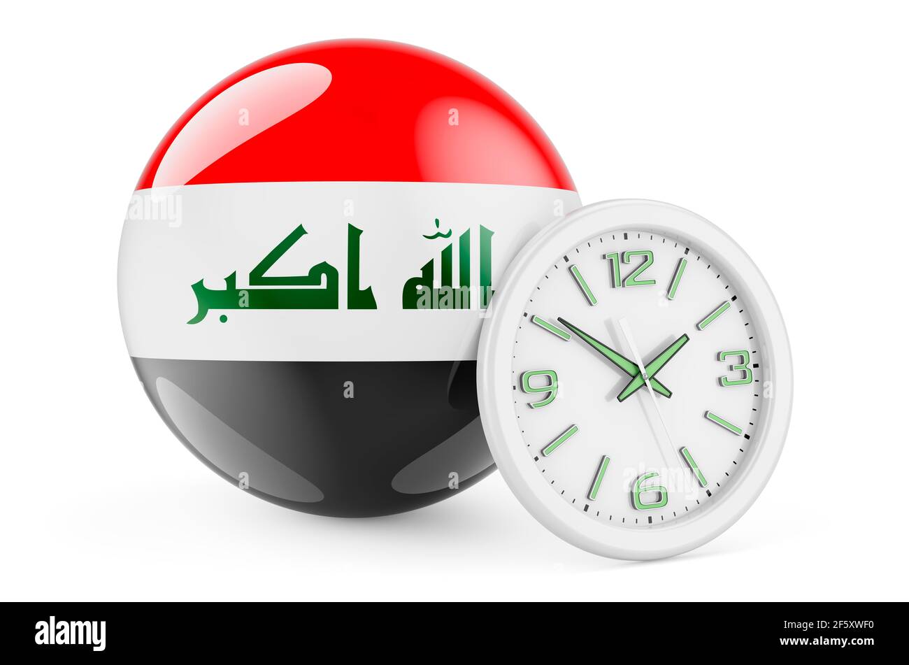 Iraqi flag with clock. Time in Iraq, 3D rendering isolated on white