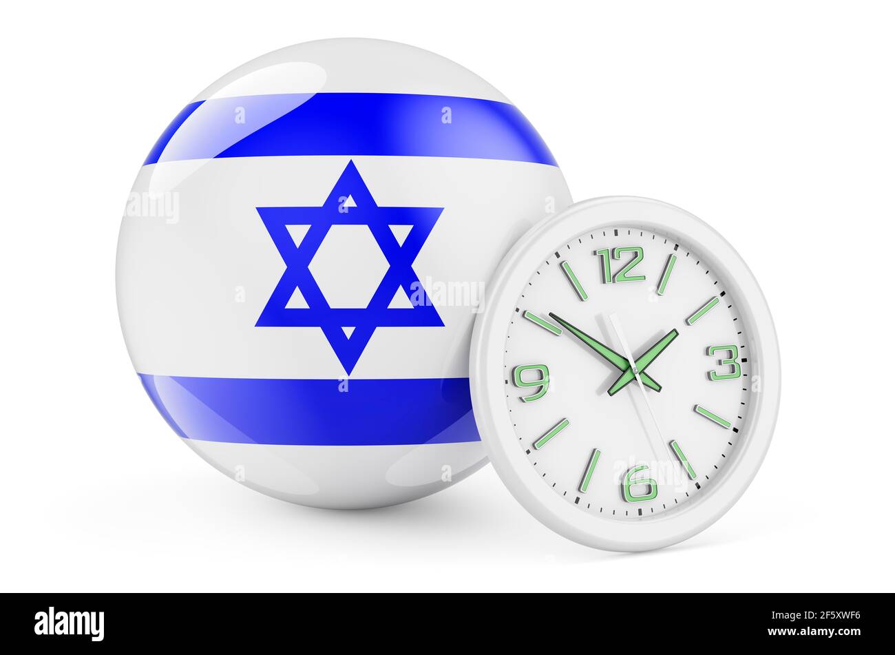 Israeli flag with clock. Time in Israel, 3D rendering isolated on white background Stock Photo