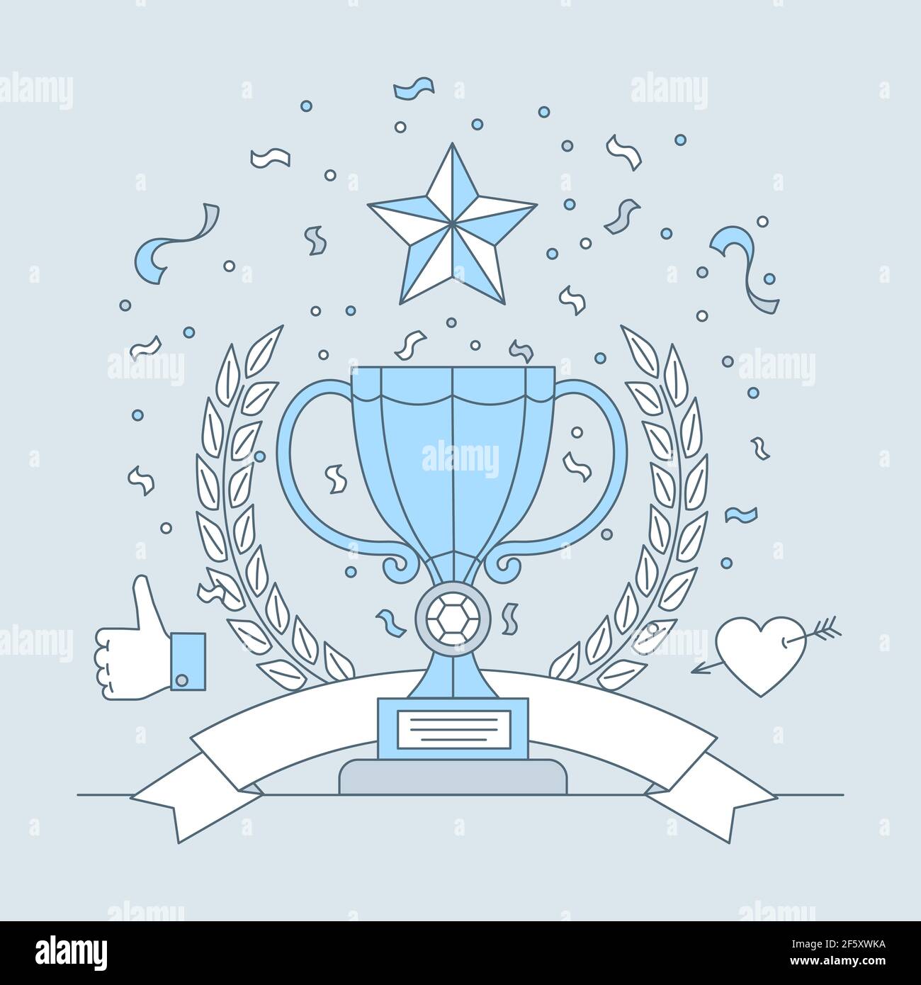 Best place trophy with star sign vector cartoon outline illustration. Cup on pedestal with laurel wreath and ribbon for winner in competition. Award for champion, prize for winner concept. Stock Vector