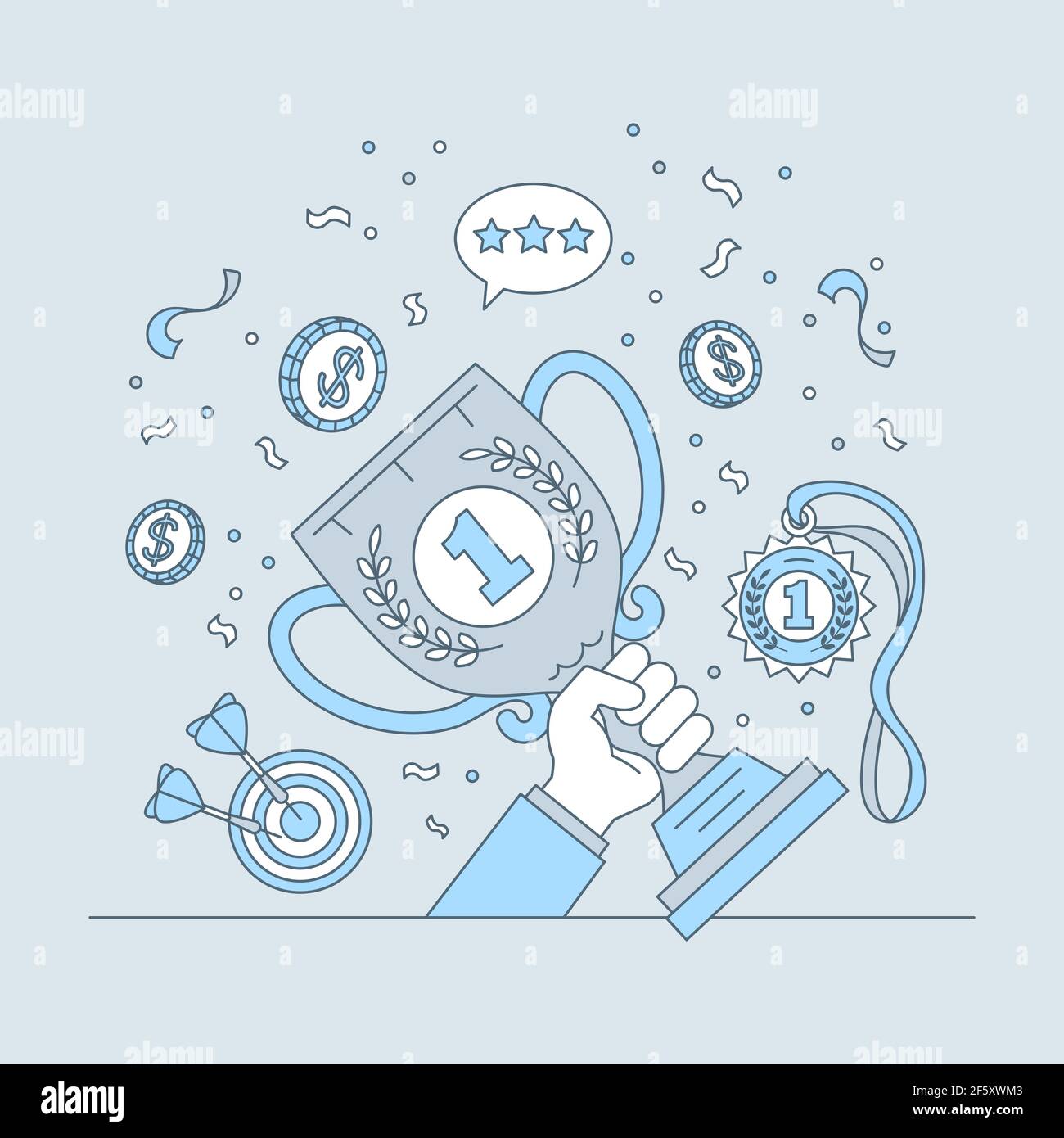 Hand holding first place cup vector cartoon outline illustration. Best place in competition, cash or money prize concept. Award for champion, winner in competition design. Stock Vector