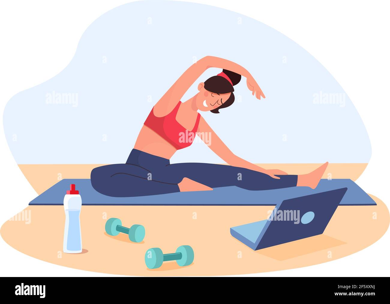 Girl goes in for sports at home by video calling on a   online, vector. The trainer conducts fitness online. A woman makes bends to  the side, doing stretching. vector, isolated, flat