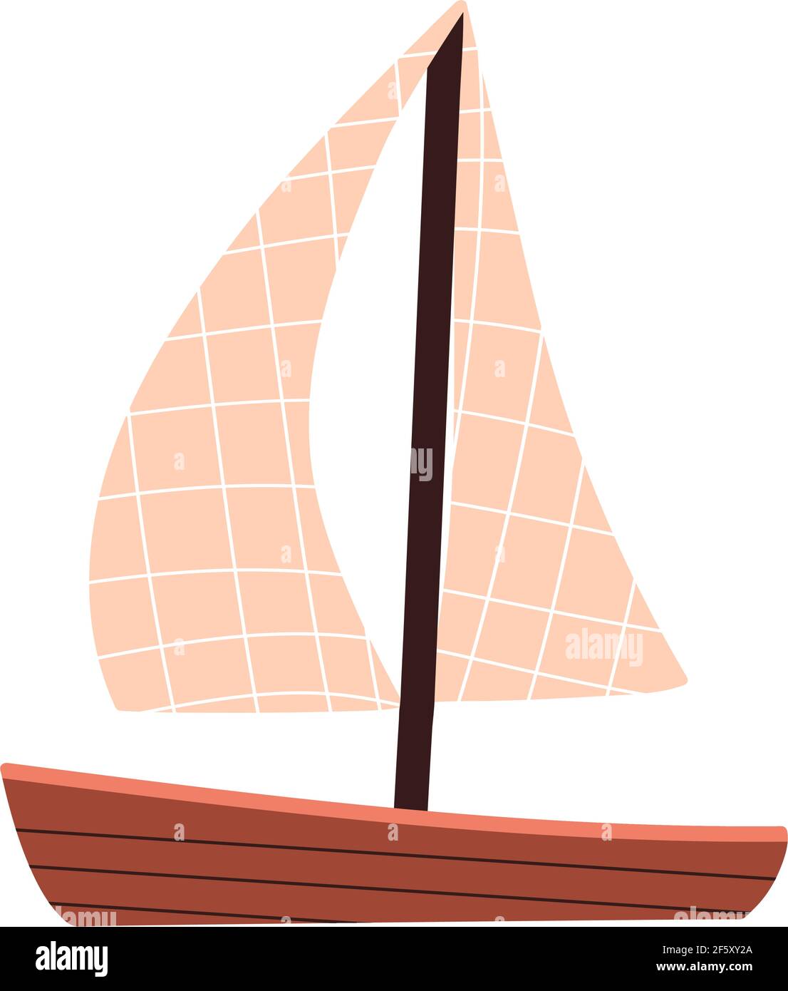 Wooden ship with sails. Small toy boat. Sea transport. Vector stock illustration in flat style.  Stock Vector