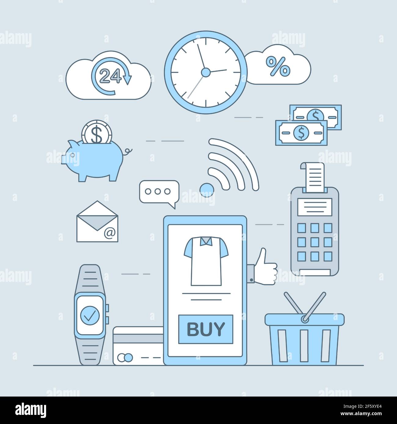 Shopping application, online payment vector cartoon outline illustration. Paying via smartwatches, smartphone, credit, or debit card. Wireless payment on POS terminal, NFC payment concept. Stock Vector