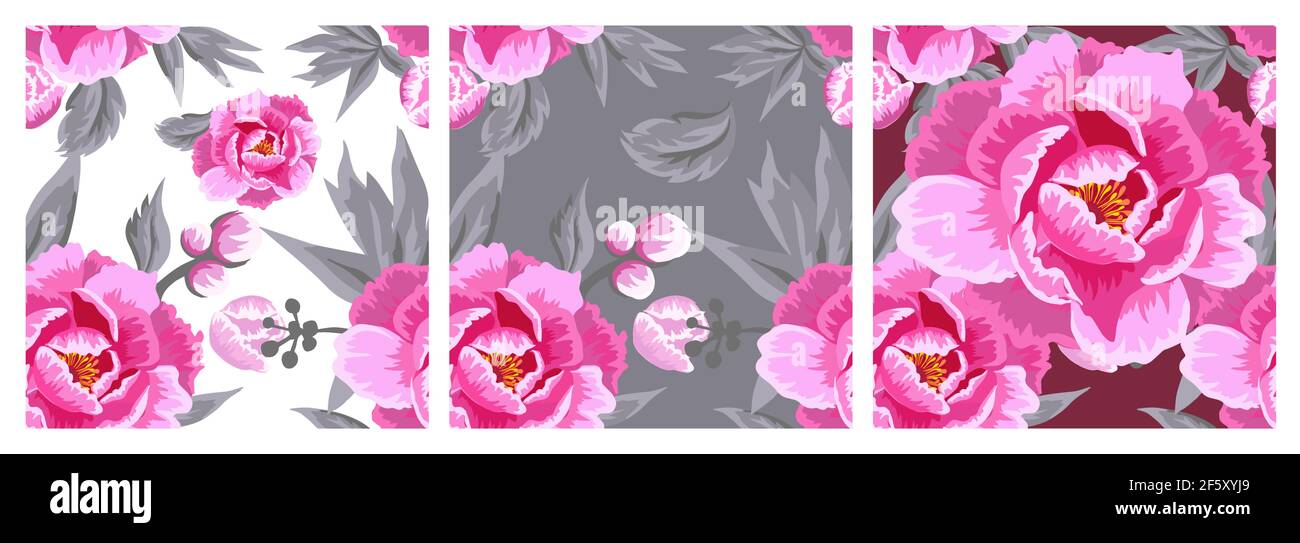 A seamless background with beautiful pink flowers. Peony buds. Dark and ...