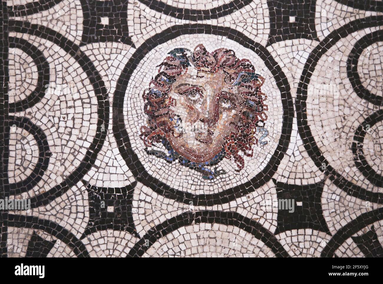 Head of Medusa, mosaic (detail). House of the vestals, Pompeii. 1st century AD. Roman work. Naples Archaeological Museum. Italy. Stock Photo