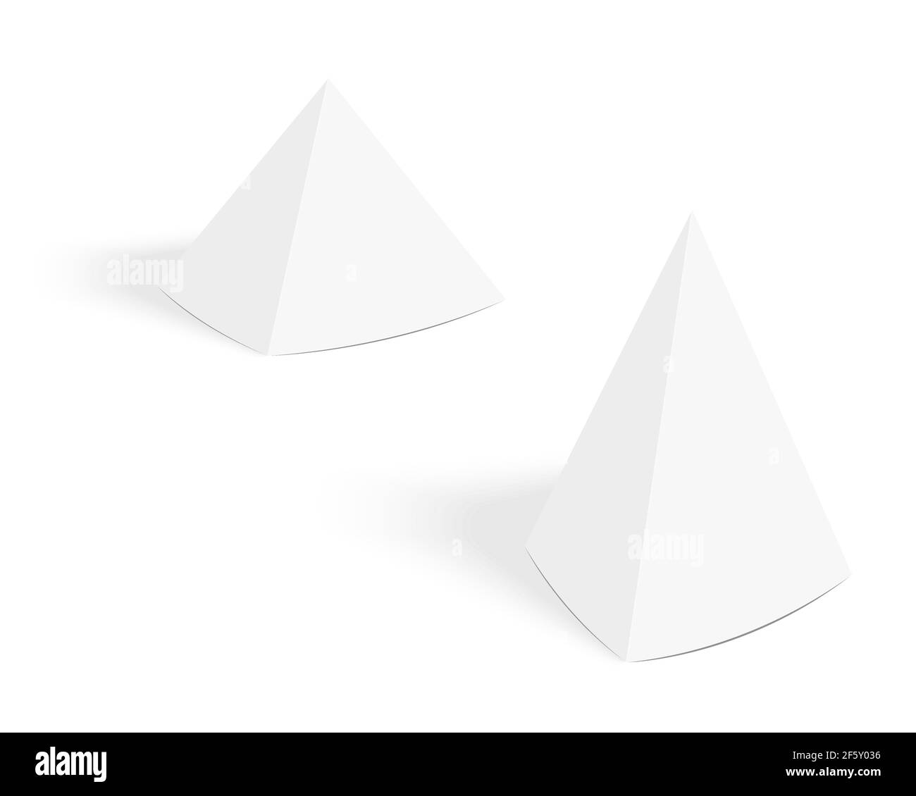 White pyramid tent cards mockup. Table talker template with shadow. Paper or cardboard pyramid display stand isolated on white background. Vector realistic illustration. Stock Vector