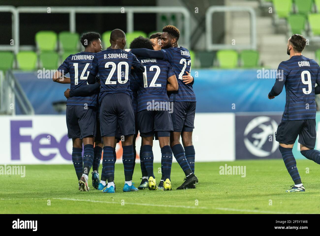 Szombathely, Hungary. 28th Mar, 2021. Jonathan Ikon (11) of France scores for 0-2 from the penalty spot ande celebrates with the team during the UEFA EURO U-21 match between Russia and France at Haladas Stadium in Szombathely. (Photo Credit: Gonzales Photo/Alamy Live News Stock Photo