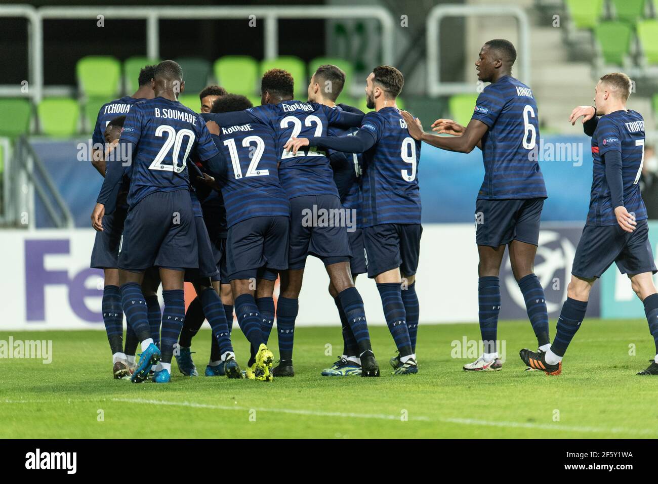 Szombathely, Hungary. 28th Mar, 2021. Jonathan Ikon (11) of France scores for 0-2 from the penalty spot ande celebrates with the team during the UEFA EURO U-21 match between Russia and France at Haladas Stadium in Szombathely. (Photo Credit: Gonzales Photo/Alamy Live News Stock Photo