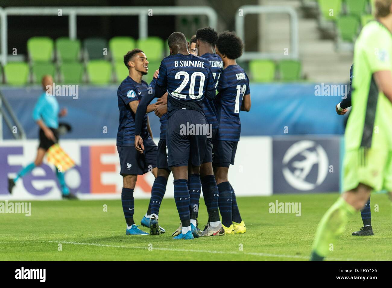 Szombathely, Hungary. 28th Mar, 2021. Jonathan Ikon (11) of France scores for 0-2 from the penalty spot ande celebrates with the team during the UEFA EURO U-21 match between Russia and France at Haladas Stadium in Szombathely. (Photo Credit: Gonzales Photo/Alamy Live News Stock Photo