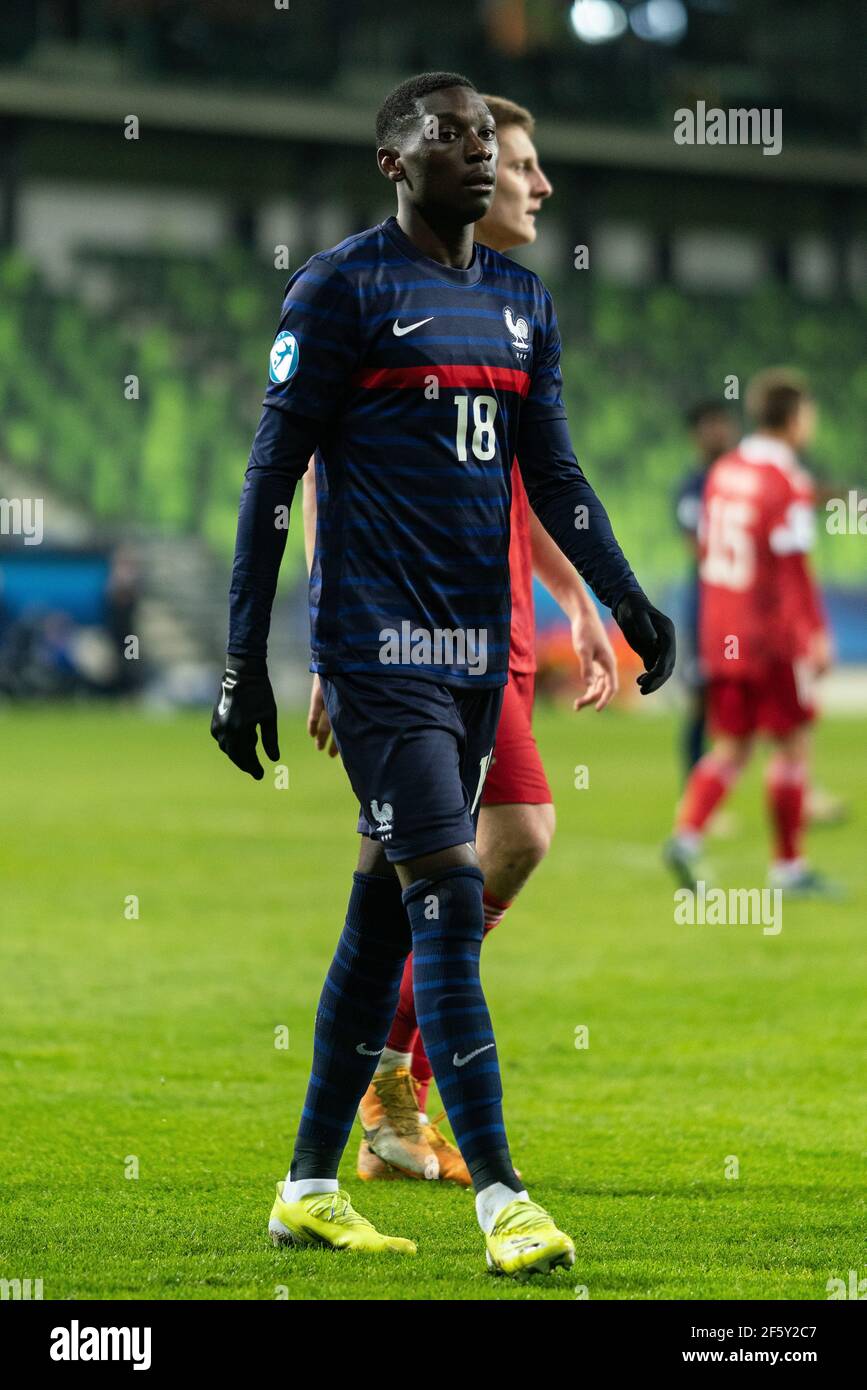 Szombathely, Hungary. 28th Mar, 2021. Randal Kolo Muani (18) of France seen during the UEFA EURO U-21 match between Russia and France at Haladas Stadium in Szombathely. (Photo Credit: Gonzales Photo/Alamy Live News Stock Photo