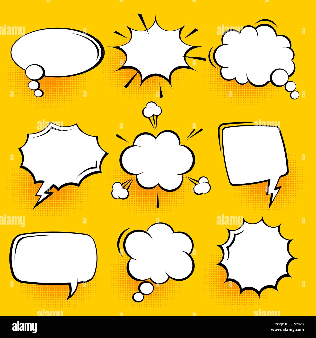 Blank comic speech bubbles with halftone shadows on yellow background ...