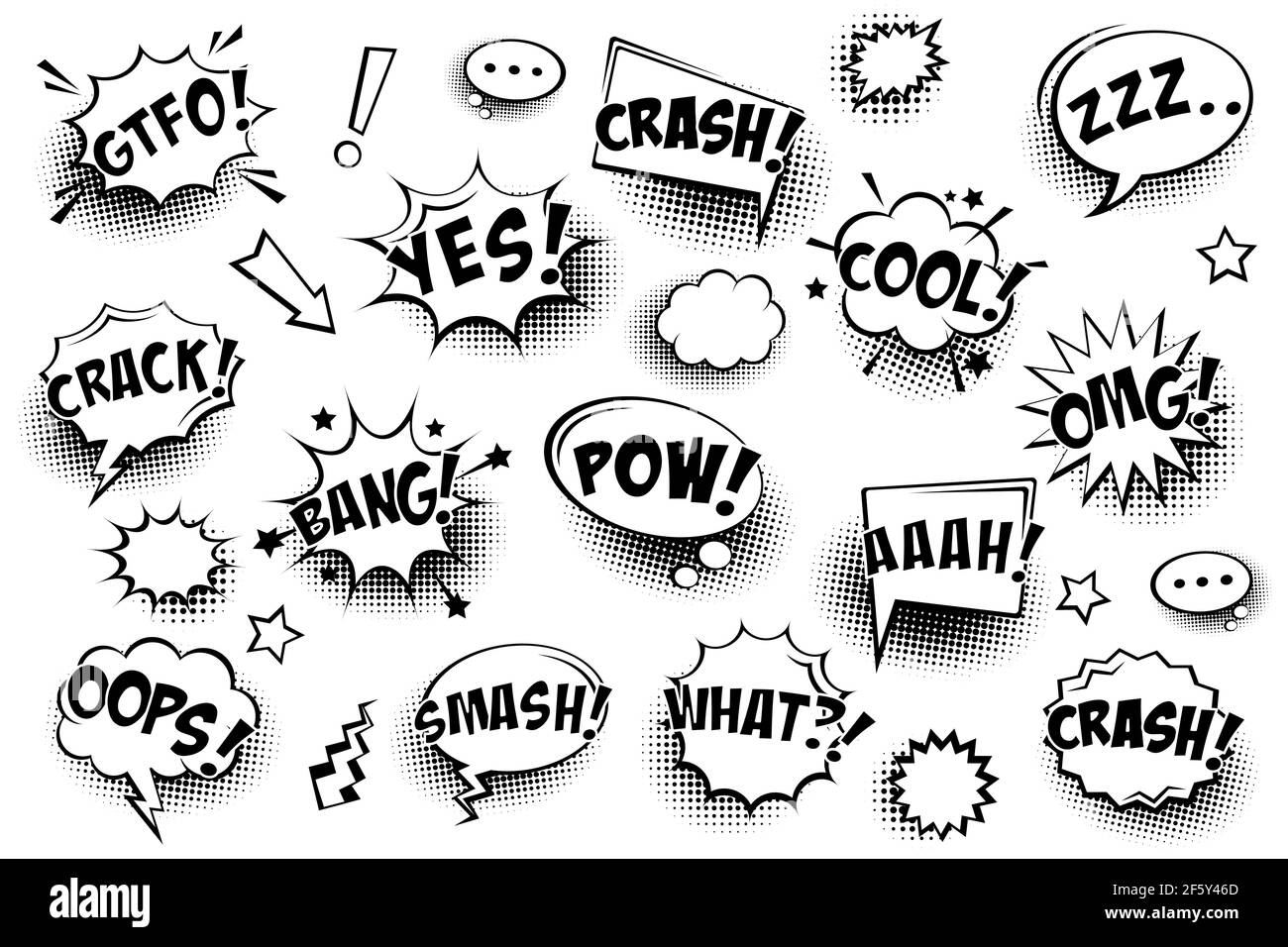 Comic speech bubbles with halftone shadows and text isolated on white ...