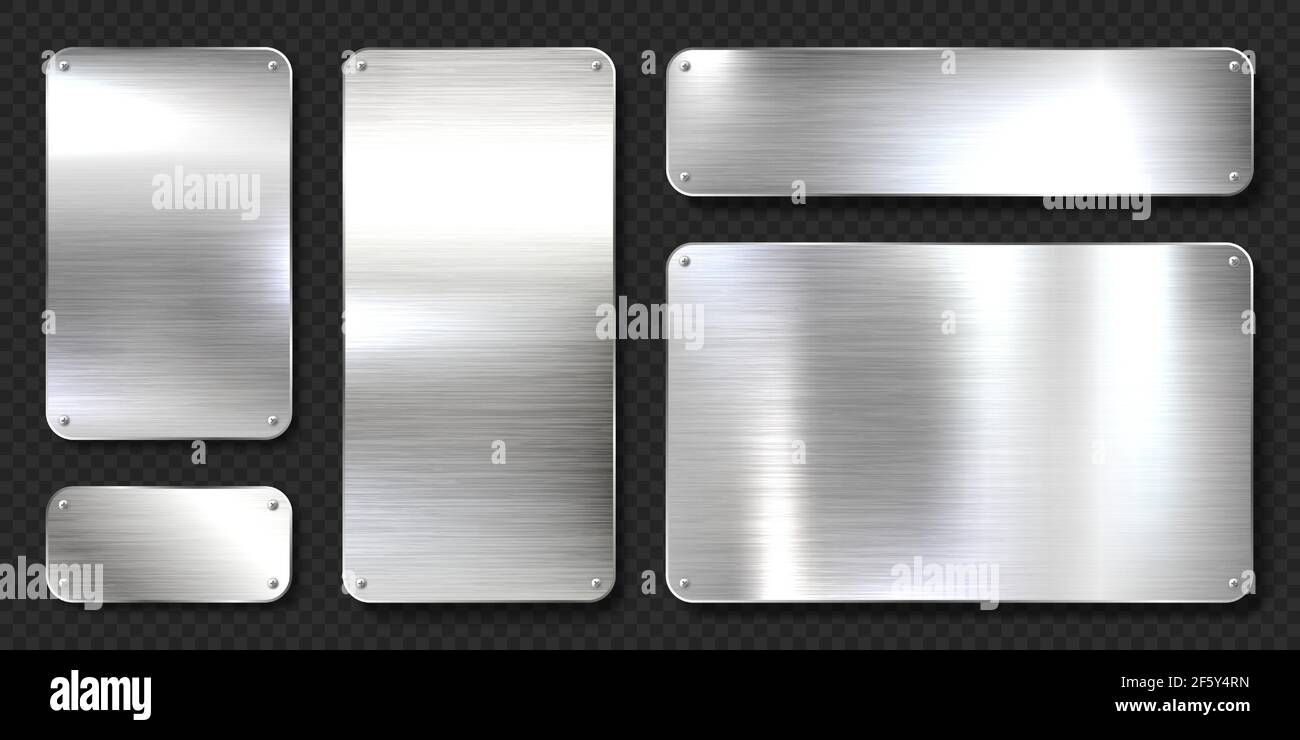 Realistic shiny metal banners set. Brushed steel plate with screws ...