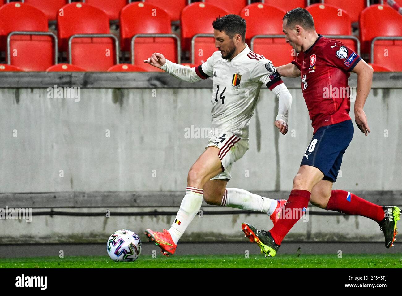 L-R Dries Mertens (Belgium) and Jan Boril (Czech) in action during the World Cup qualifier group E: Czechia vs Belgium in Prague, Czech Republic, on S Stock Photo
