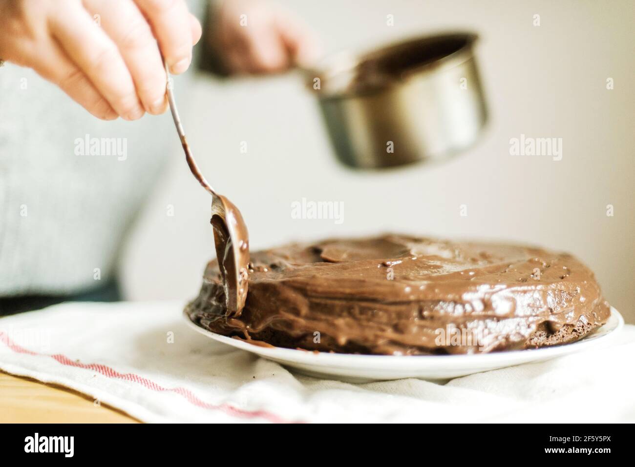 Woman  cooking a chocolate cake in kitchen at home. Stock Photo